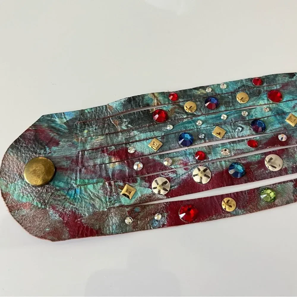 Hand Painted Rhinestone Studded Leather Bracelet
